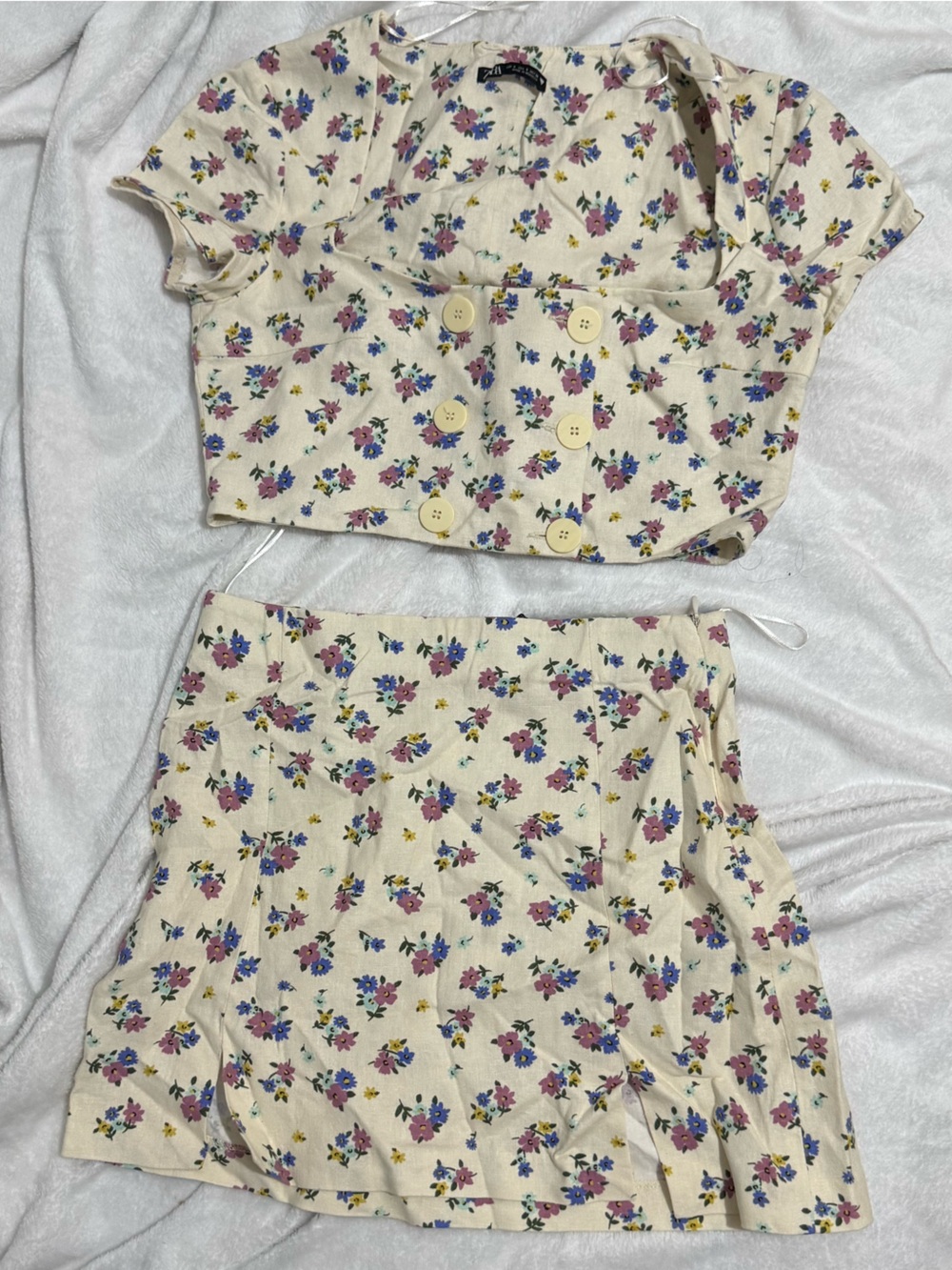 Zara Cream Floral Skort Set with Pink and Blue Flowers